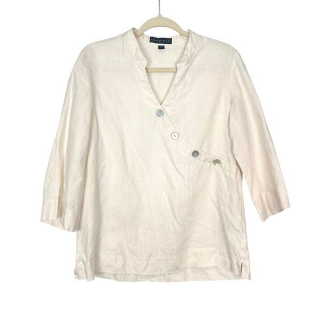 David Dart Top Linen Blouse Medium Ivory Linen V-Neck Asymmetric Shell Button